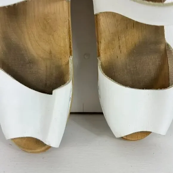 MIA Swedish Anja Leather Wooden Clog Women Size 9 40 White Ankle Strap Peep Toe - Picture 11 of 15